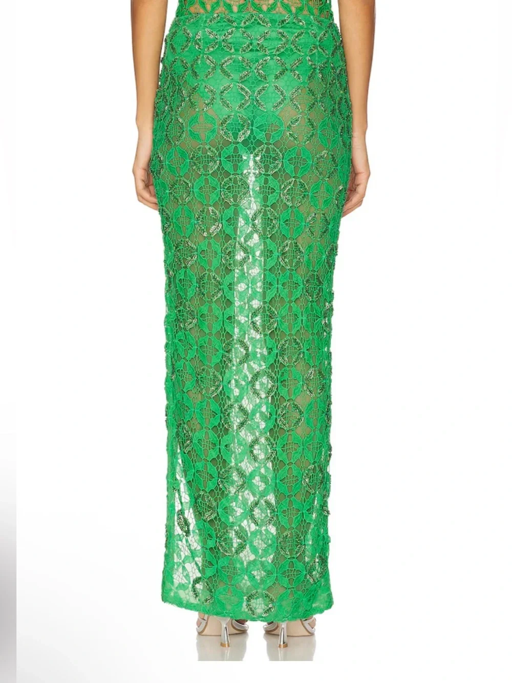 La Fuori Mossy Meadow Skirt Green Lace beaded Maxi Side Slit NWT Revolve S